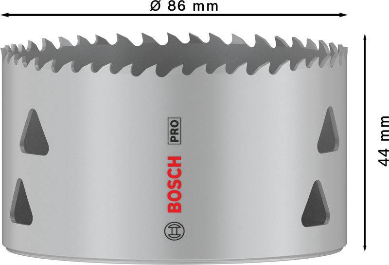 Kreissägeblatt 'Bosch Pro', Durchmesser 86 mm, Höhe 44 mm, graues Metall mit scharfen Zähnen, geeignet für präzise Schnitte.