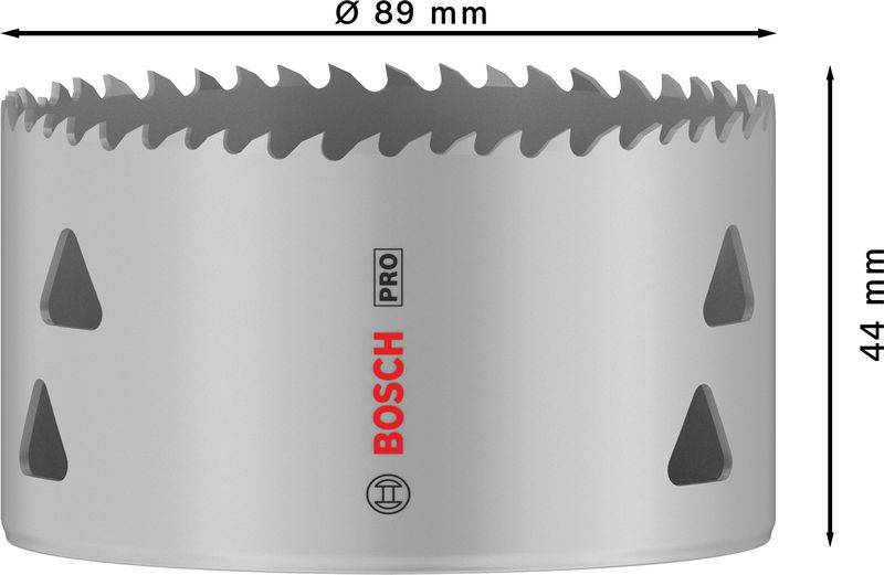 Lochsäge aus Metall mit scharfen Zähnen, Bosch-Logo auf der Seite, 89 mm Durchmesser, 44 mm Tiefe. Geeignet für präzise Schnitte.