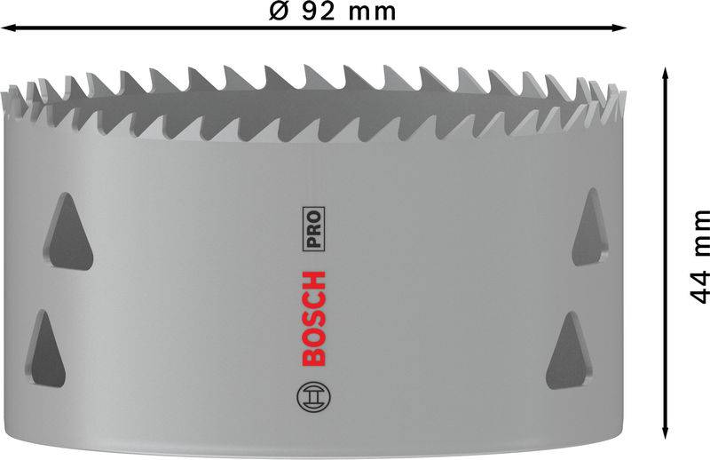Bohrkrone mit 92 mm Durchmesser und 44 mm Höhe von Bosch Pro, geeignet für professionelle Anwendungen.