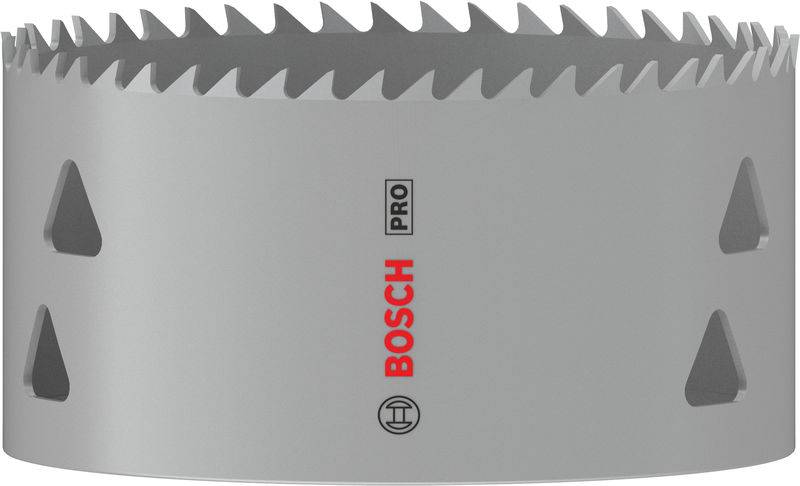 Grauer Lochsägeaufsatz mit scharfen Zähnen, 'Bosch Pro'-Logo in Rot. Verwendung zum Bohren großer Löcher in Materialien.