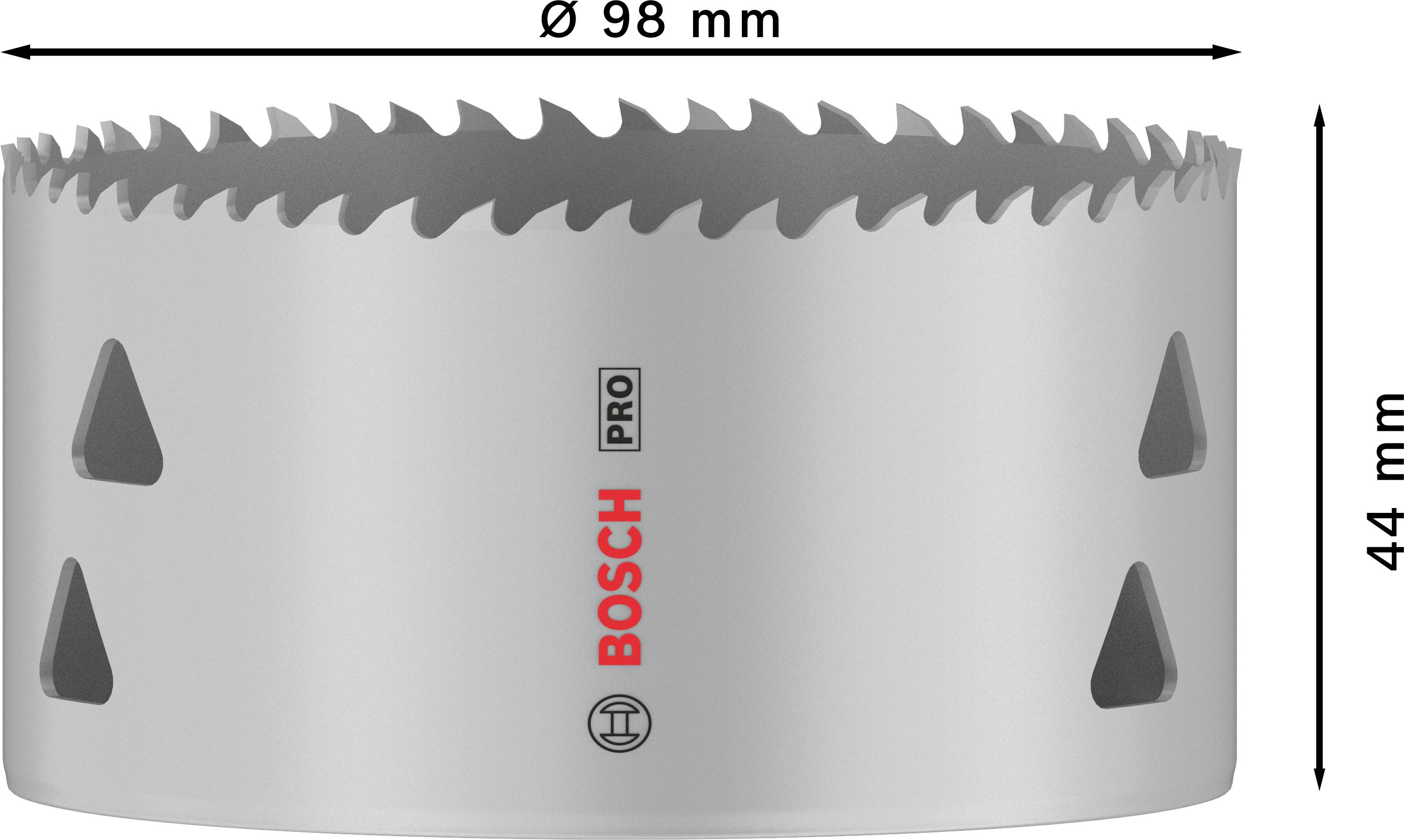 'Sägekrone von Bosch Pro', Durchmesser 98 mm und Höhe 44 mm, mit scharfen Zähnen, geeignet für präzises Bohren in harte Materialien.