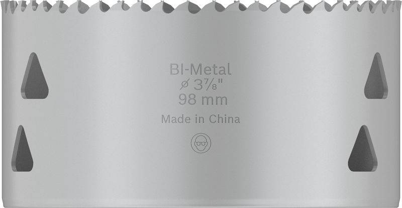 Lochsäge aus Bi-Metall mit einem Durchmesser von 98 mm, 'Made in China', silberfarben, mit gezacktem Rand und dreieckigen Aussparungen.