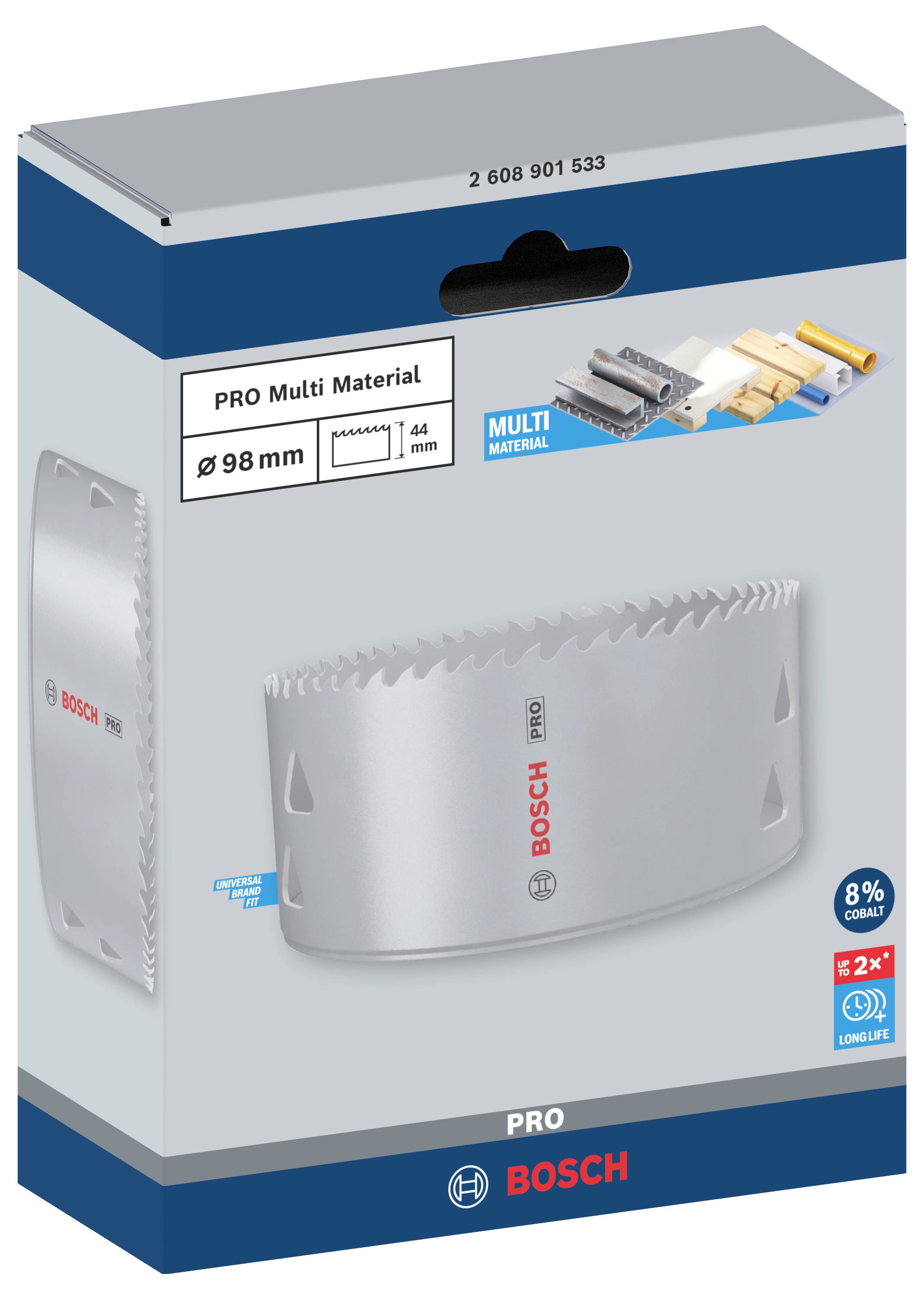 Verpackung einer Bosch PRO Lochsäge, 98 mm Durchmesser, geeignet für Multimaterialien wie Holz und Metall.