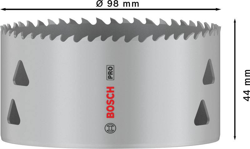 Lochsäge von Bosch, Durchmesser 98 mm, Höhe 44 mm, mit scharfen Zähnen zur Metallbearbeitung.