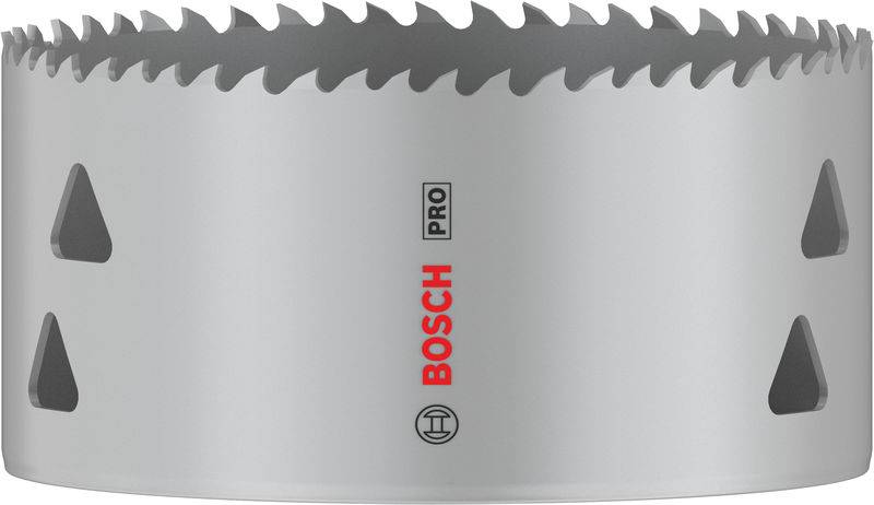Graues, zylindrisches Bohrzubehör mit Sägezähnen und der Aufschrift 'BOSCH PRO'. Eignet sich für präzises Schneiden in Materialien.