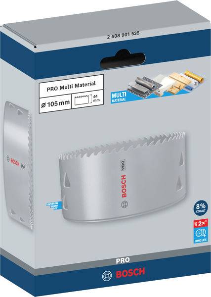 Verpackung einer Bosch PRO Multi Material Lochsäge, Durchmesser 105mm, dargestellt mit Beton, Holz und Metall als Anwendungsbeispiele.