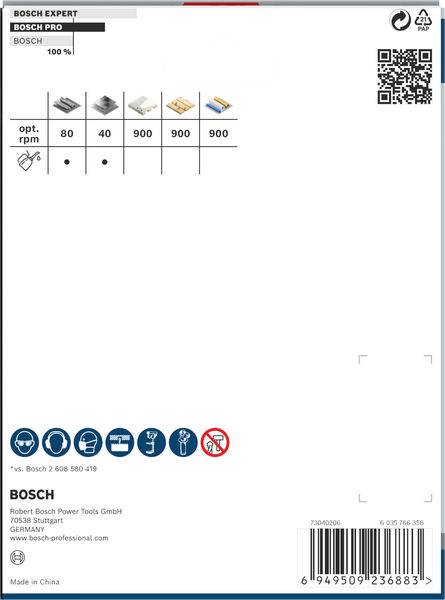 Etikett auf Bosch-Werkzeugverpackung mit technischen Informationen, Barcode und Logos. Enthält QR-Code und Details zur Umdrehungszahl.
