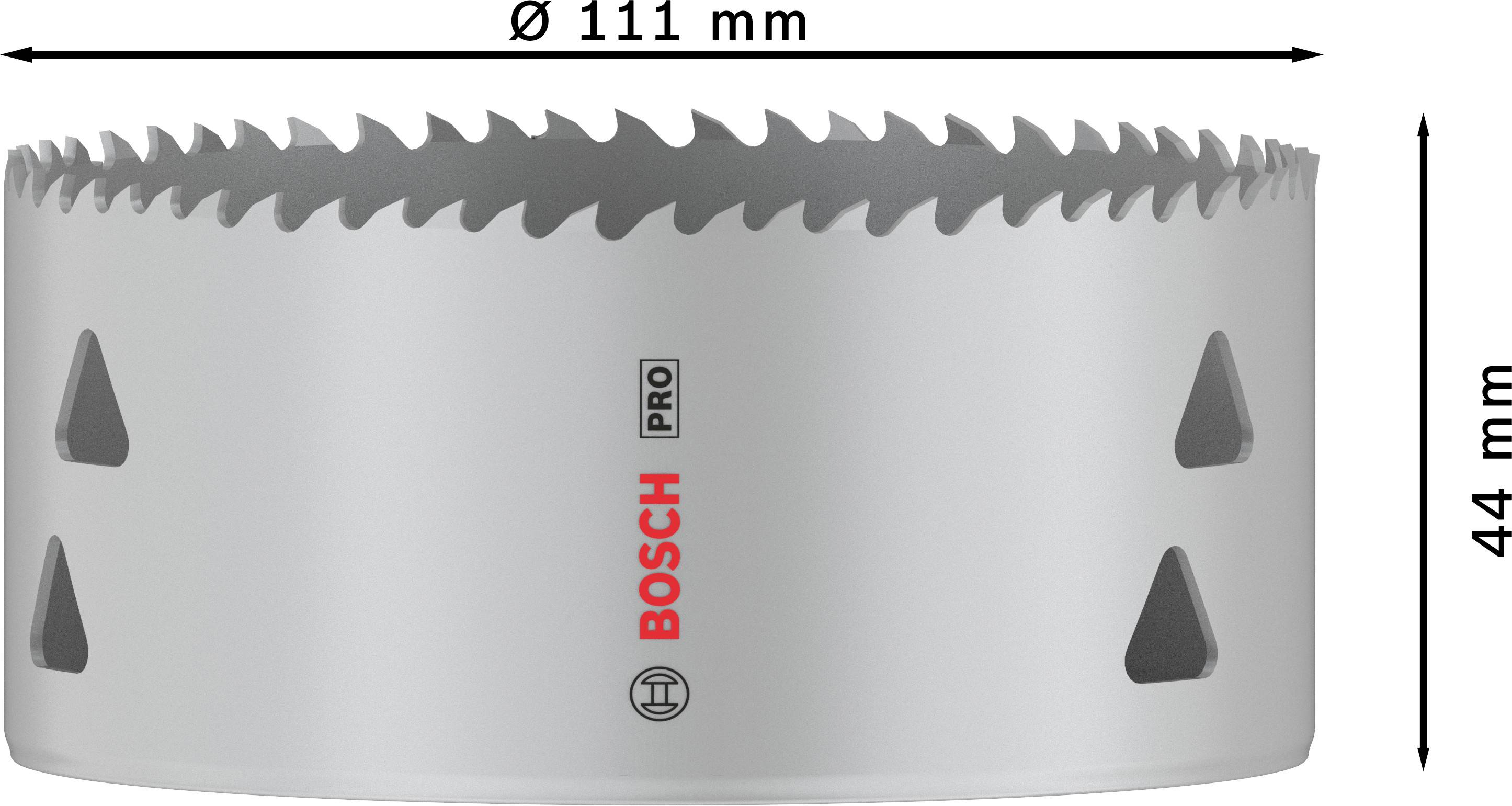 Graue Lochsäge mit scharfen Zähnen, Durchmesser 111 mm, Höhe 44 mm, Marke 'Bosch Pro' sichtbar.