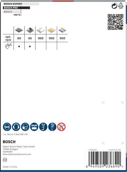 'Bosch Expert' Verpackungsetikett zeigt Symbole für kompatible Materialien und empfohlene Drehzahlen. Enthält Produkt- und Herstellerinformationen.