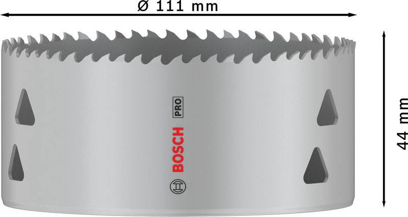 Eine graue Lochsäge mit scharfen Zähnen. Aufschrift: 'Bosch Pro'. Durchmesserangabe: 111 mm, Höhe: 44 mm.