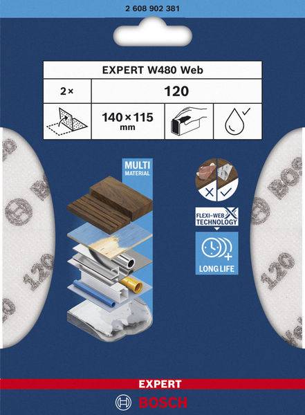 Verpackung für Schleifpapier 'EXPERT W480 Web' 120 Körnung, 140 x 115 mm. Geeignet für Holz und Lack. Enthält Flexi-Web-Technologie.