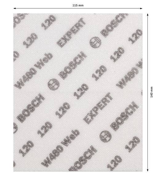 Schleifpapier mit der Aufschrift 'EXPERT', 'BOSCH' und '120'. Maße: 115 mm x 140 mm. Es zeigt ein wiederholendes Muster.