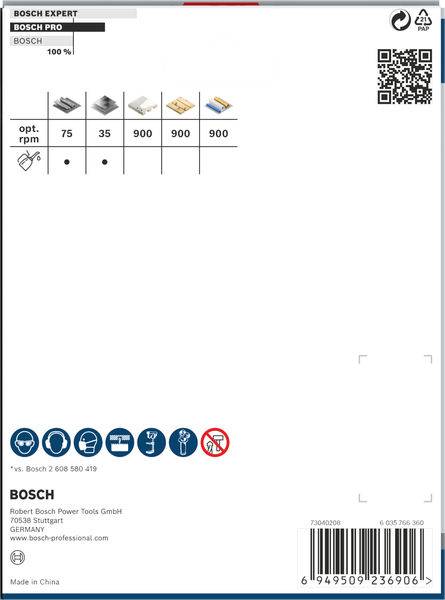 'Bosch Expert'-Verpackung für Zubehör, zeigt Drehzahlen: 75, 35, 900, 900 für verschiedene Materialien. Icons unten erklären Anwendungshinweise.