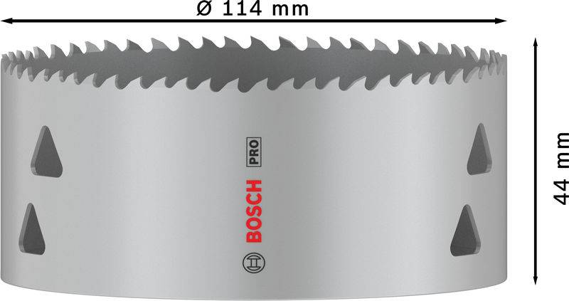 Metall-Lochsäge mit 114 mm Durchmesser und 44 mm Höhe. Markierung 'BOSCH PRO' in Rot und Schwarz.