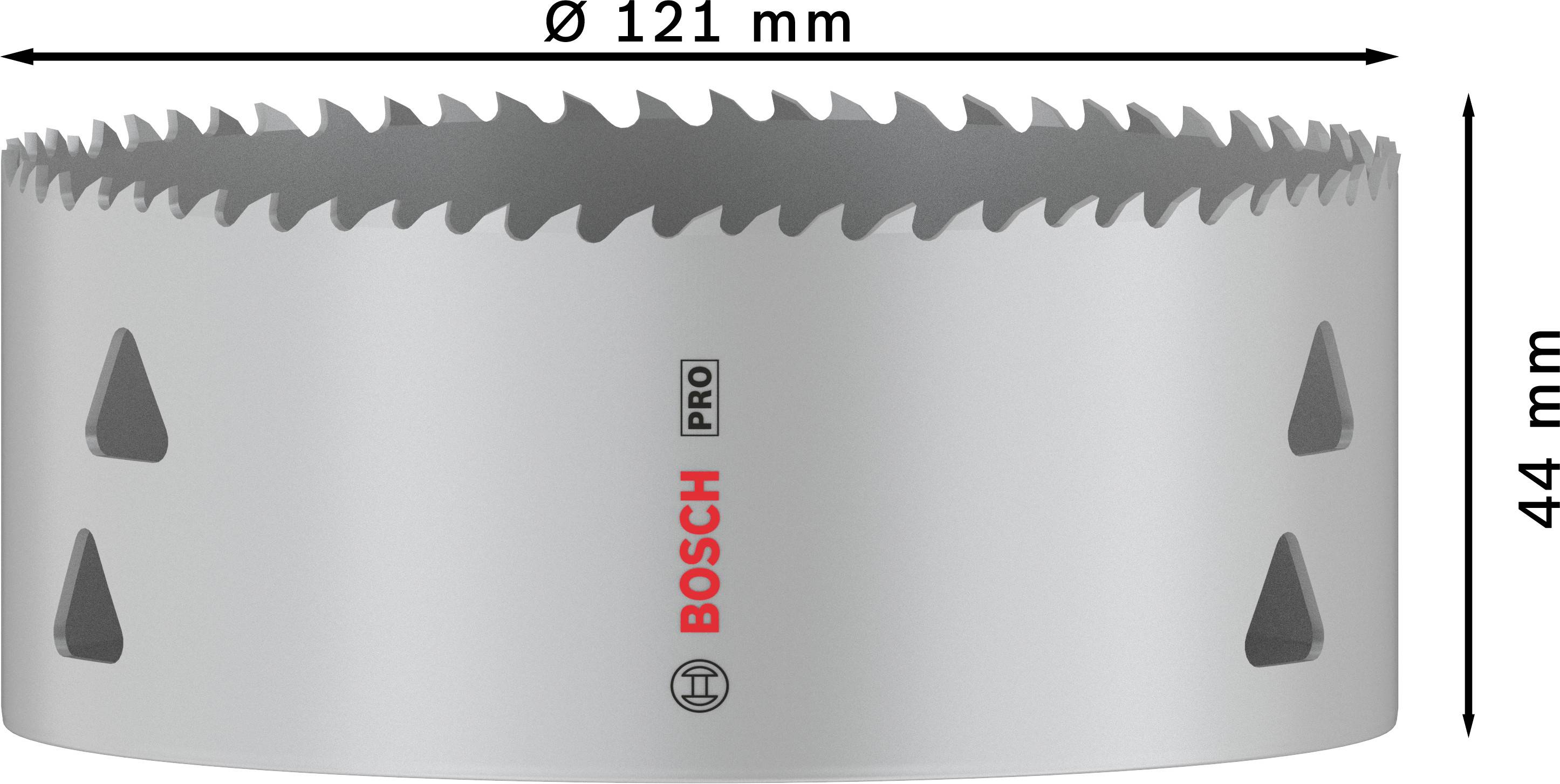 Metall-Lochsäge der Marke Bosch Pro mit einem Durchmesser von 121 mm und einer Höhe von 44 mm.