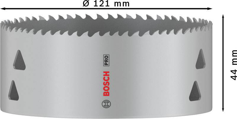 Bohrkrone aus Metall von Bosch Pro, silberfarben, Durchmesser 121 mm, Höhe 44 mm, mit scharfen Zähnen am Rand für Großbohrungen.
