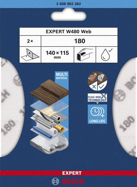 'Bosch Expert W480 Schleifpapier' für Holz und Metall, P180 Körnung, wasserbeständig, langlebig. Verpackung zeigt Anwendungen.
