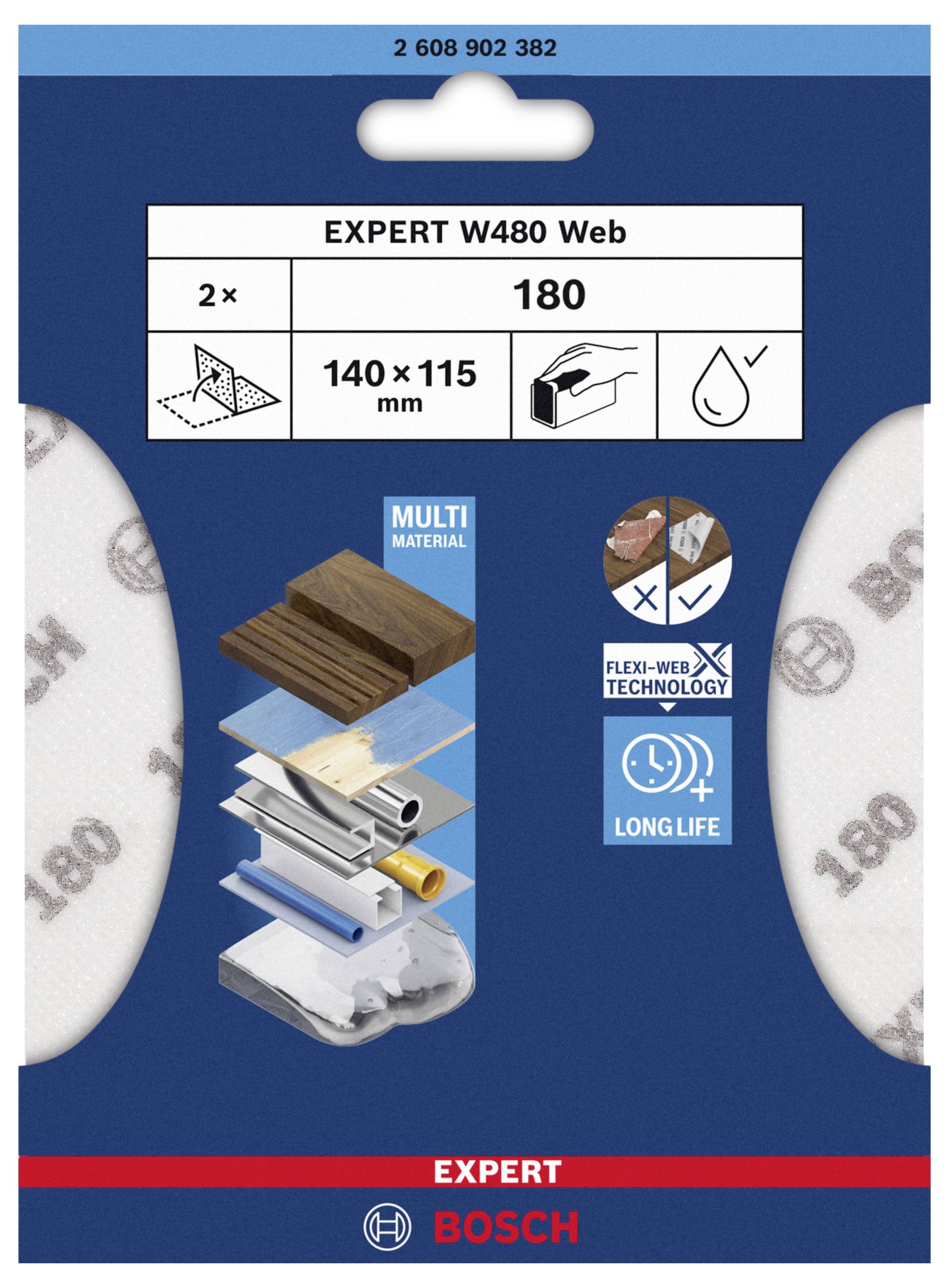 Verpackung eines Bosch-Schleifpapiers, geeignet für Holz und Metall, mit den Maßen 140 x 115 mm, Korn 180.
