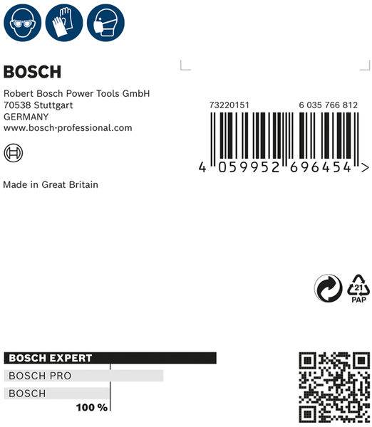 Produktetikett von Bosch mit Barcode, Adresse der Robert Bosch Power Tools GmbH, QR-Code, und Hinweis 'Made in Great Britain'.
