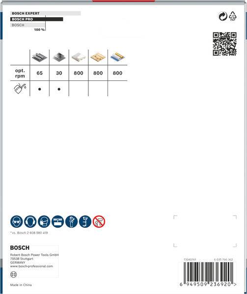 Die Verpackung zeigt eine Tabelle mit maximalen Drehzahlen (opt. rpm) von 65, 30, 800 für verschiedene Werkstoffe und ein QR-Code.