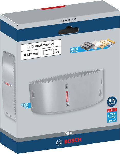 Verpackung einer Bosch Lochsäge für PRO Multi Material, Ø 127 mm, Höhe 44 mm, aus 8% Kobalt. Geeignet für Holz, Metall, Kunststoff.