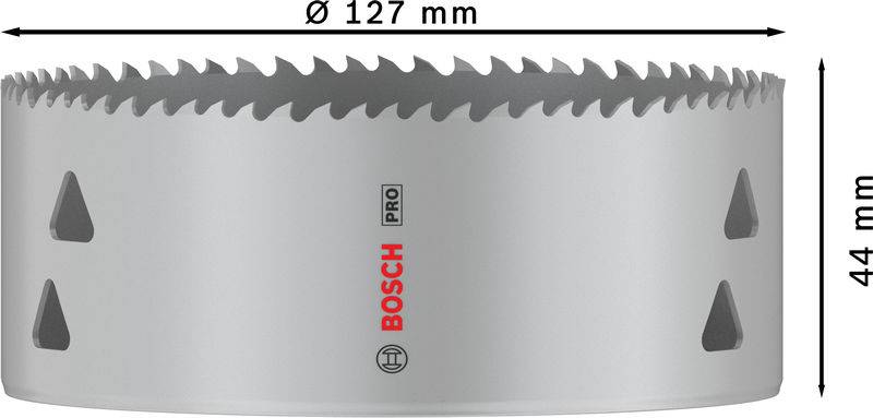 Lochsäge mit Durchmesser 127 mm und Höhe 44 mm. Graue Farbe, Marke Bosch Pro.