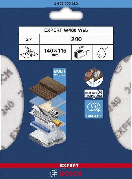 Auf der Verpackung steht 'EXPERT W480 Web', geeignet für Trocken- und Nassschleifen, Maße 140 x 115 mm, Körnung 240, Anzeige von Materialien.