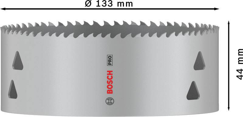 Sägekrone mit Durchmesser von 133 mm und Höhe von 44 mm. Geeignet für professionelles Bohren. Markenname und Maße sichtbar.