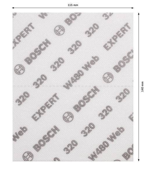 Schleifpapier mit der Aufschrift: BOSCH EXPERT W480 Web 320. Maße: 115 mm x 140 mm. Geeignet für präzises Schleifen.