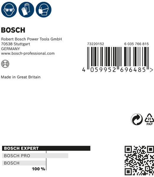 Etikett eines Bosch Produkts mit Barcode, QR-Code und Text: 'Robert Bosch Power Tools GmbH, 70538 Stuttgart, Germany'.