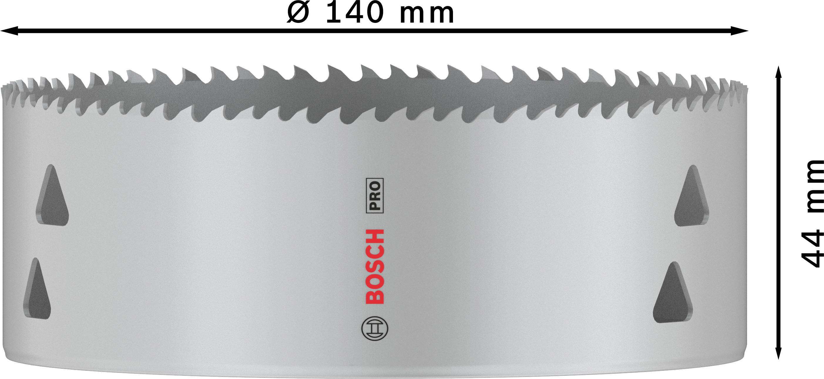 Bohrkrone von Bosch, Durchmesser 140 mm, Höhe 44 mm, mit scharfen Zähnen und 'PRO' Kennzeichnung für professionelle Anwendungen.