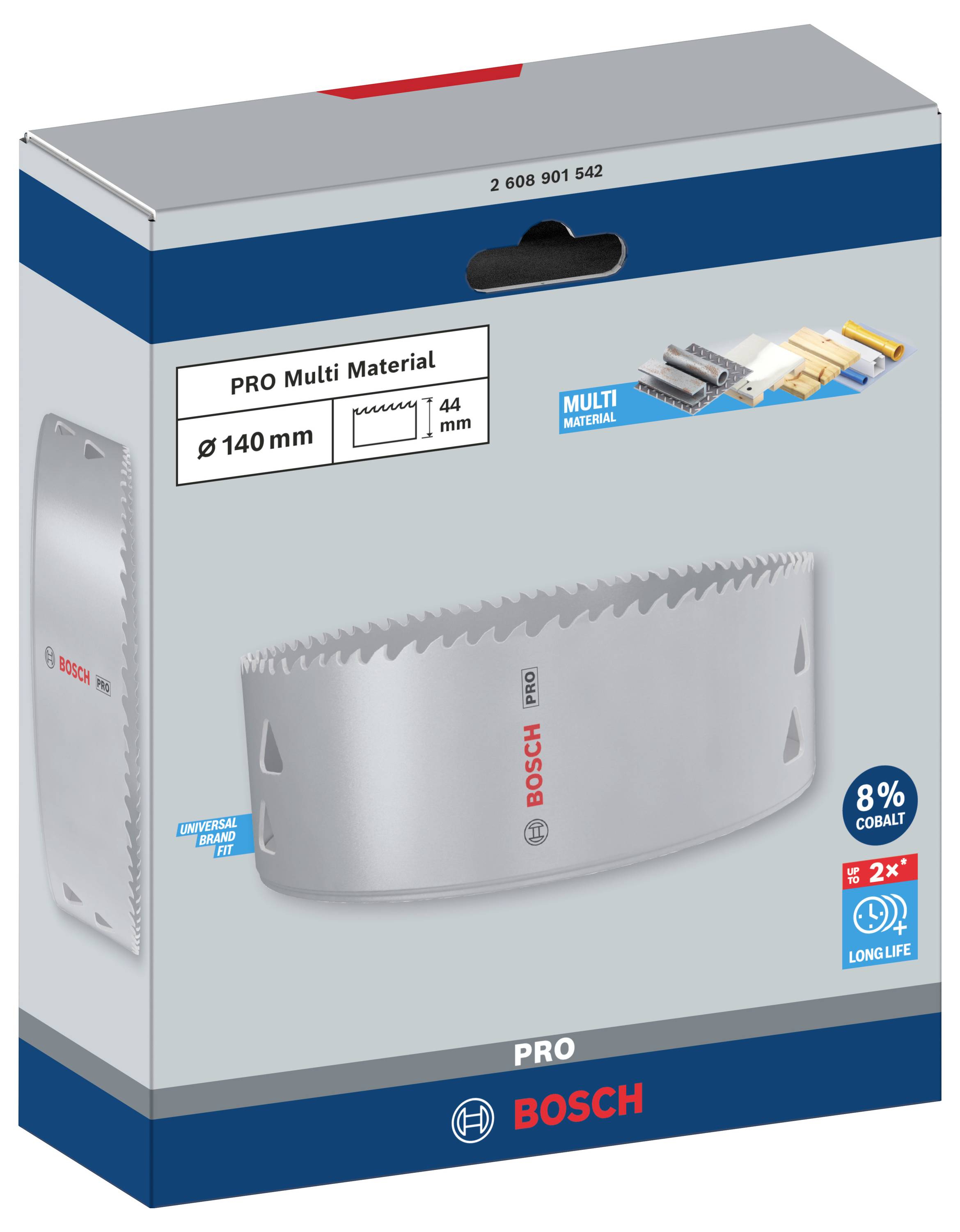 Verpackung für Bosch Sägeblatt 'PRO Multi Material' 140 mm, zeigt Sägeblatt, Anwendungsbeispiele und 8% Kobaltanteil für Langlebigkeit.