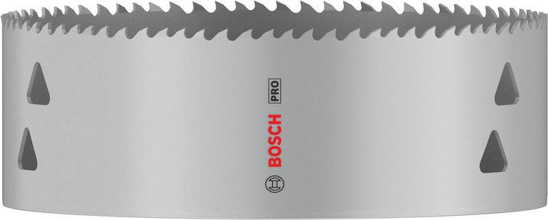 Bohrkrone von Bosch mit scharfen Zähnen für präzises Schneiden in verschiedenen Materialien. Silvernes Metall mit 'Bosch Pro'-Aufschrift in Rot.