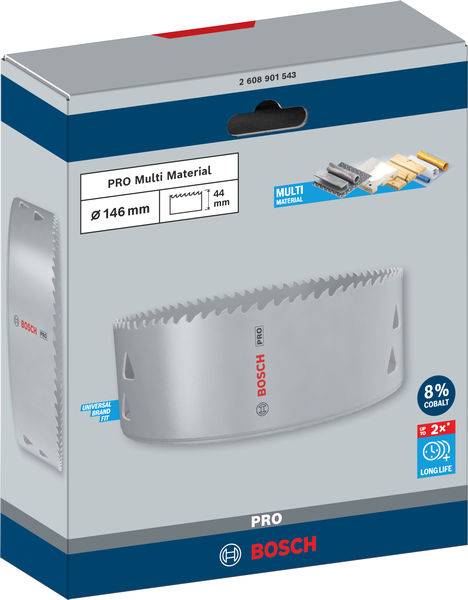 Verpackung einer Bosch PRO Lochsäge Ø146 mm für Multi-Materialien, enthält Bild der Lochsäge und Hinweis auf 8 % Kobaltgehalt.