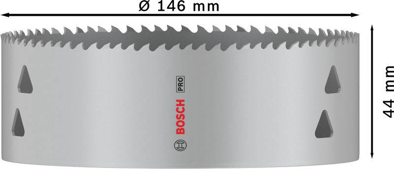 Graue Bosch Lochsäge mit 146 mm Durchmesser und 44 mm Tiefe, geeignet für professionelle Anwendungen.