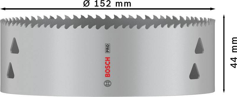 Lochsäge von Bosch, Durchmesser 152 mm, Höhe 44 mm, graue Farbe, geeignet für präzises Schneiden in verschiedenen Materialien.