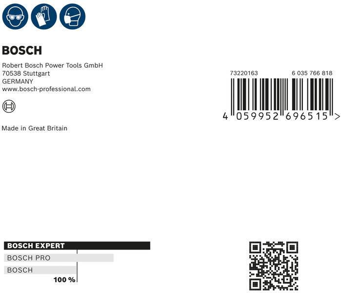 Verpackungsrückseite von Bosch-Produkt mit Logo, Adressdaten, Strichcode und QR-Code. Text: 'Bosch Expert' und 'Made in Great Britain'.