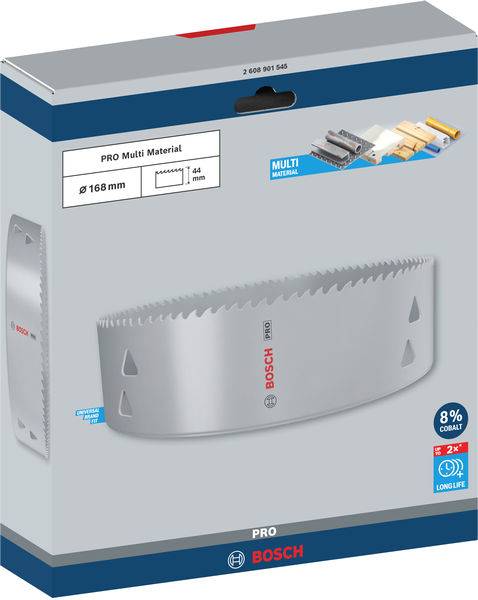 Verpackung einer Bosch Lochsäge mit 168 mm Durchmesser, geeignet für verschiedene Materialien. Zeigt Bildanwendung und Spezifikationen.