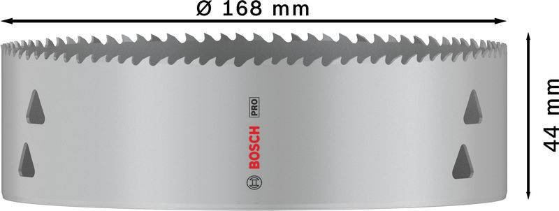 Sägekrone mit 168 mm Durchmesser, 44 mm Höhe, beschriftet mit 'BOSCH PRO'.