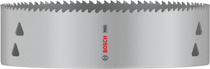 Eine silberne Lochsäge mit scharfen Zähnen, Markenname in Rot 'BOSCH'. Entworfen für präzises Bohren in verschiedenen Materialien.