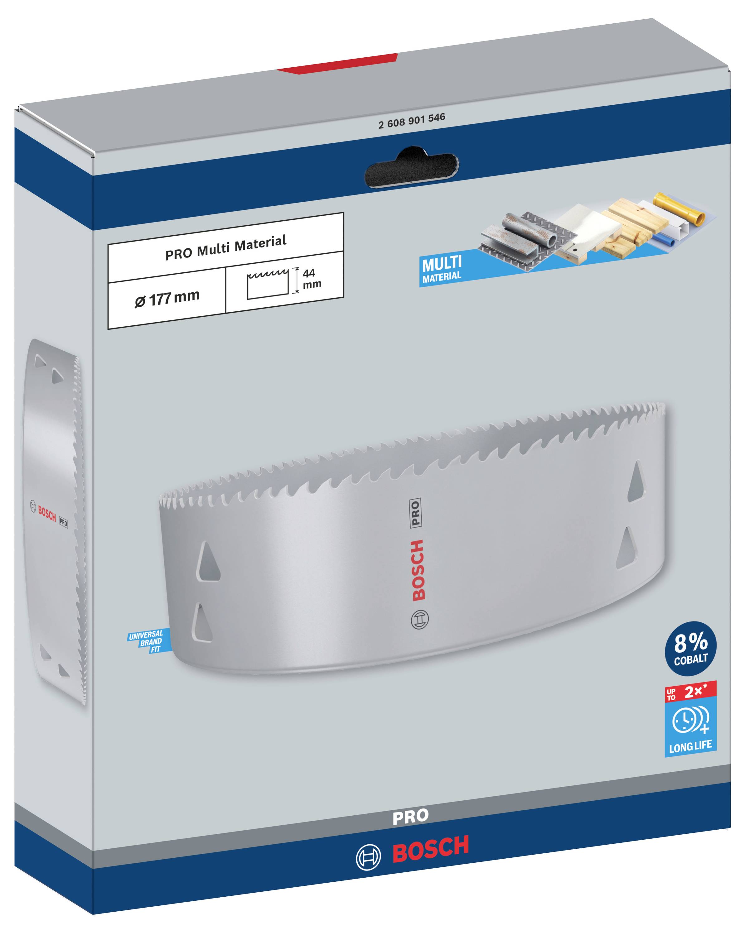 Verpackung eines Bosch PRO Multi Material Lochsägenaufsatzes, zeigt das Produkt mit 177 mm Durchmesser und 44 mm Schnitttiefe.