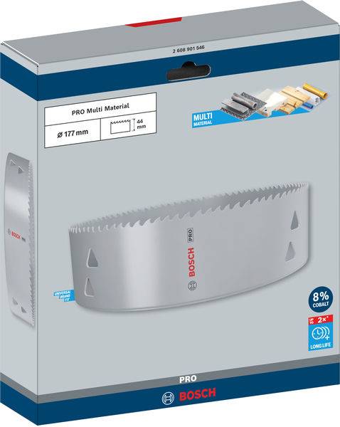 Verpackung einer Bosch PRO Multi-Material-Lochsäge. Durchmesser: 177 mm. Eignet sich für Holz, PVC, Metall. Starke langlebige Säge mit 8% Kobalt.