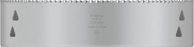 Grauer Metallaufsatz mit gezackter Oberseite, Beschriftung 'Bi-Metal', Größe '210 mm', hergestellt in China, für technische Zwecke.