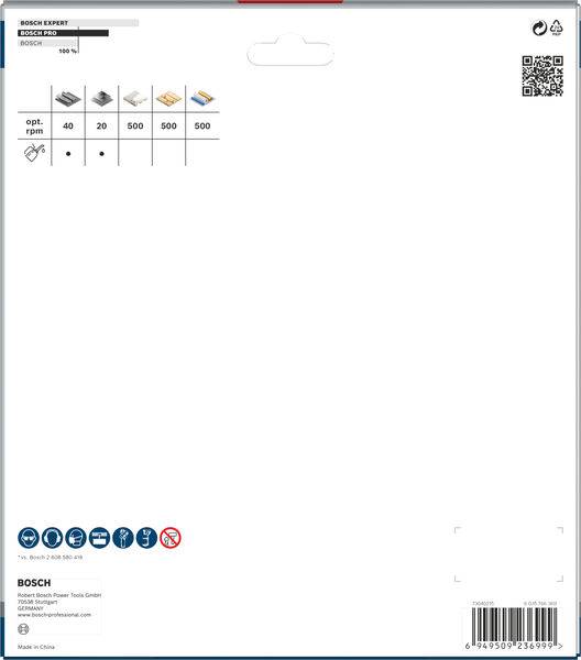 'Bosch Expert' Etikett für Sägeblatt. Oben: empfohlene Drehzahl 100 U/min, Symbole für Anwendungen. Unten: Herstellerinformationen.