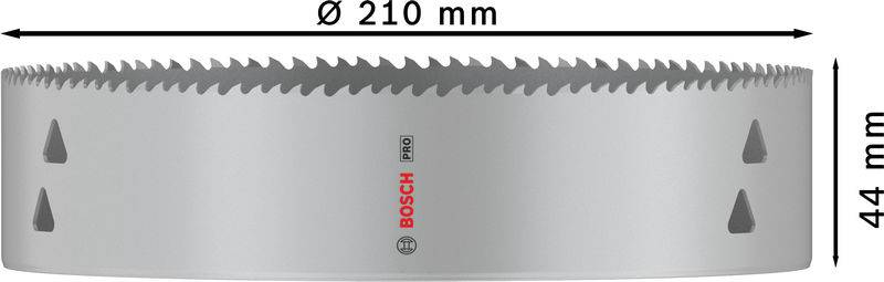 Kreissägeblatt, Durchmesser 210 mm, Höhe 44 mm, Marke Bosch, mit dreieckigen Lüftungsschlitzen und Zahnkranz oben.