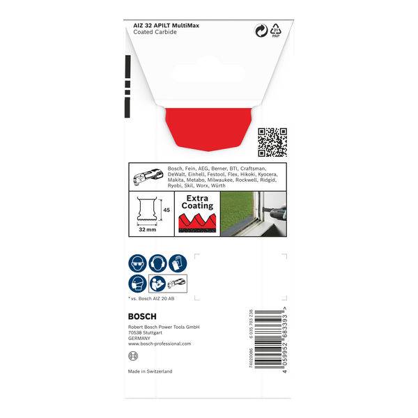 'Bosch AIZ 32 APT1 MultiMax' Aufsatzverpackung mit Produktinformationen, QR-Code, Symbolen und Herstelleradresse.