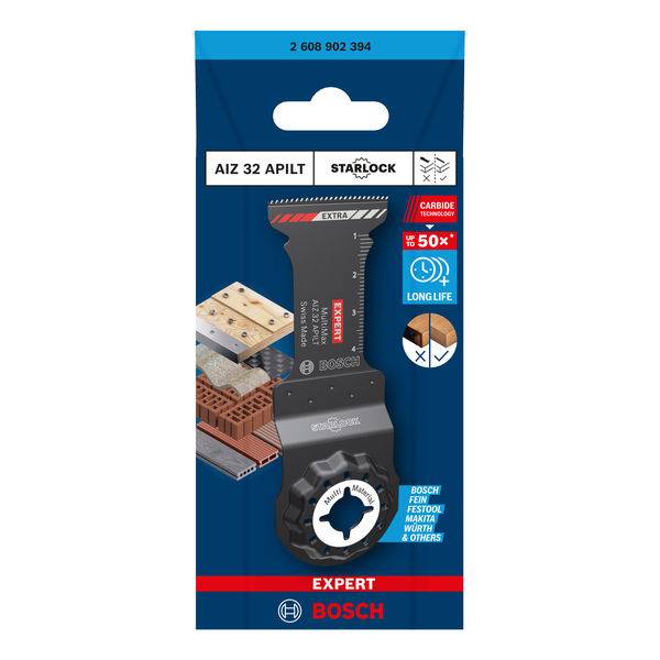 Das Bild zeigt eine Verpackung von Bosch Starlock Expert Sägeblatt, Modell AIZ 32 APILT, geeignet für Holz und andere Materialien.