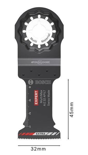 Schwarz-graues Bosch-Multimaterial-Sägeblatt, 45 mm lang, 32 mm breit, mit Maßeinteilung auf der linken Seite.