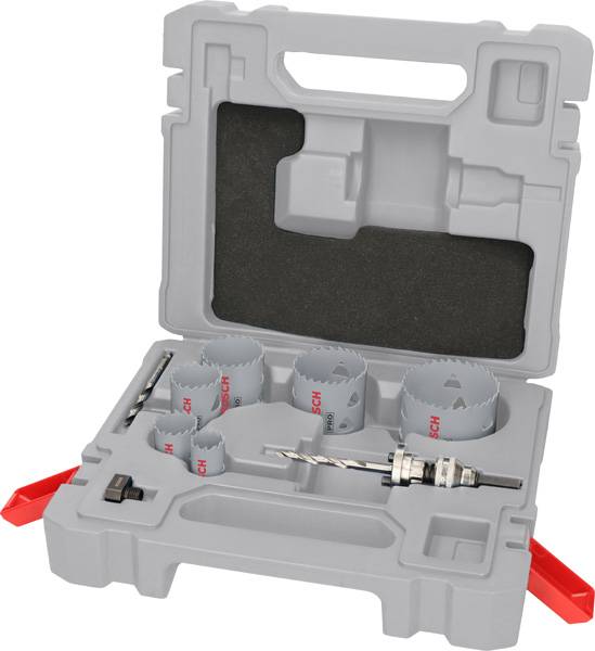 Ein Bohrkronenset in einem offenen Kunststoffkoffer. Das Set enthält mehrere Bohrkronen verschiedener Größen sowie Bohreraufsätze.