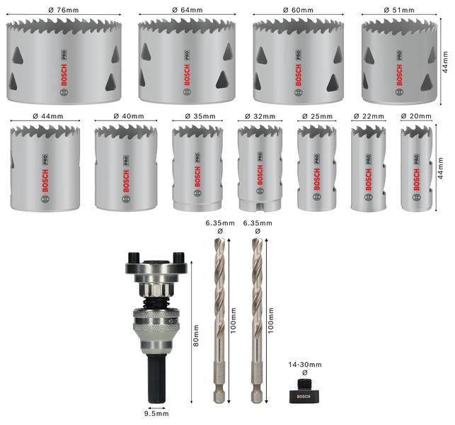 Bosch Lochsägen-Set mit verschiedenen Größen von 76 mm bis 20 mm, inklusive Bohreraufsätze und Zubehör, geeignet für Holz und Metall.